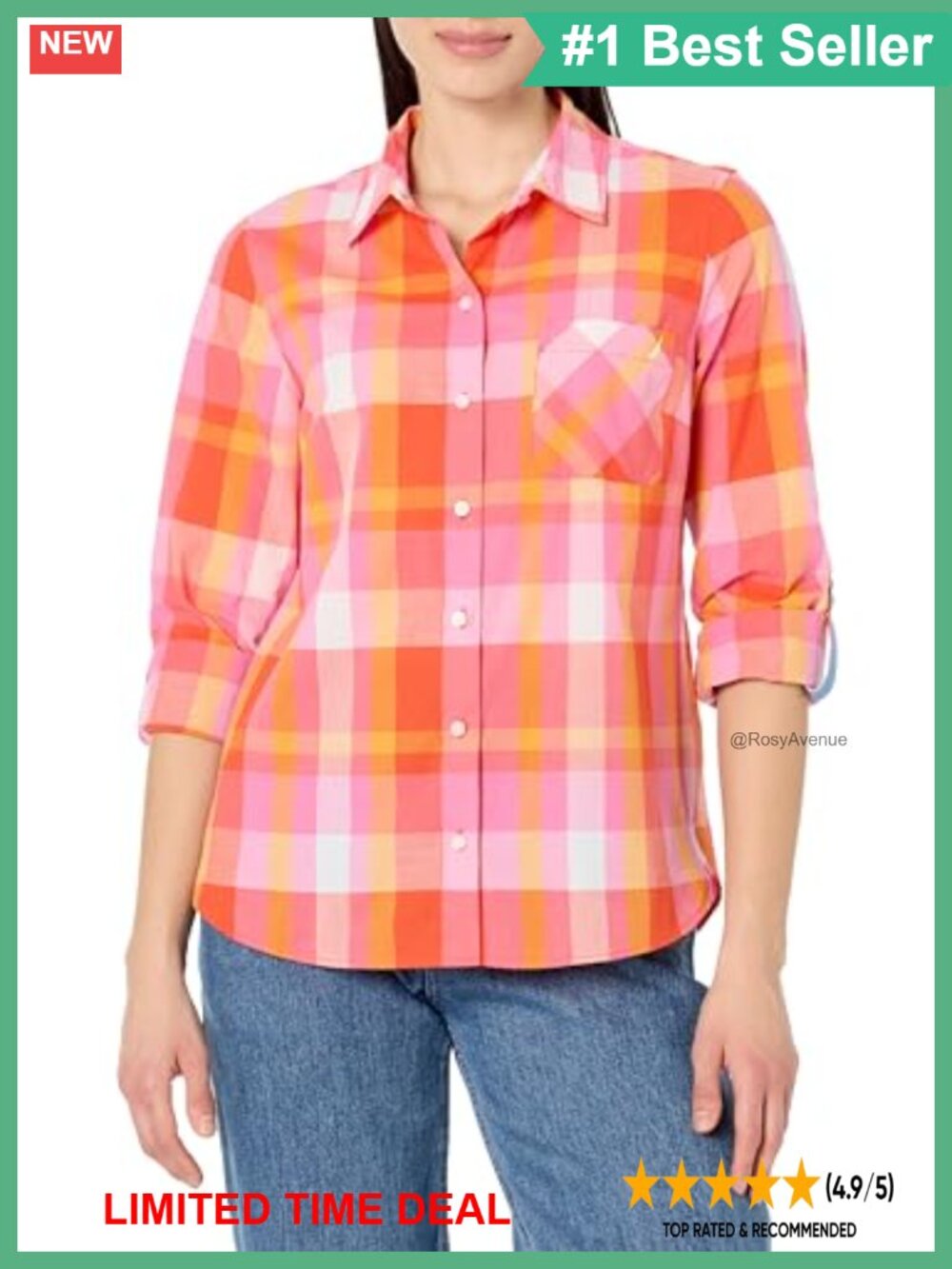 Women's Button Front Long Sleeve Roll Tab Collared Plaid Shirt